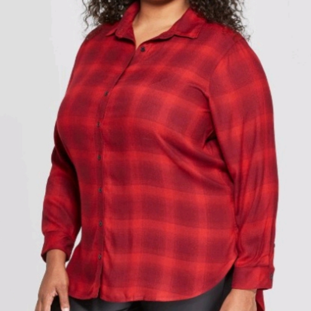 Ava & Viv Plaid Collared Button Down Tunic Top 2X